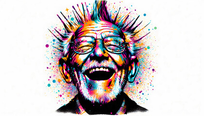 Quirky portrait of a laughing elderly man with colorful spiky splashes, exuding joy and creativity