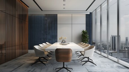 Modern conference room with a large table and ergonomic chairs, offering a city view through floor-to-ceiling windows.