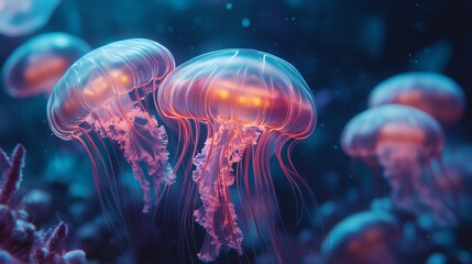 Fototapeta premium Jellyfish gracefully floating in a vibrant underwater environment at night. Generative AI