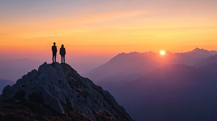 Silhouetted couple standing on a mountain peak during a vibrant sunset with vivid colors in the sky. Generative AI