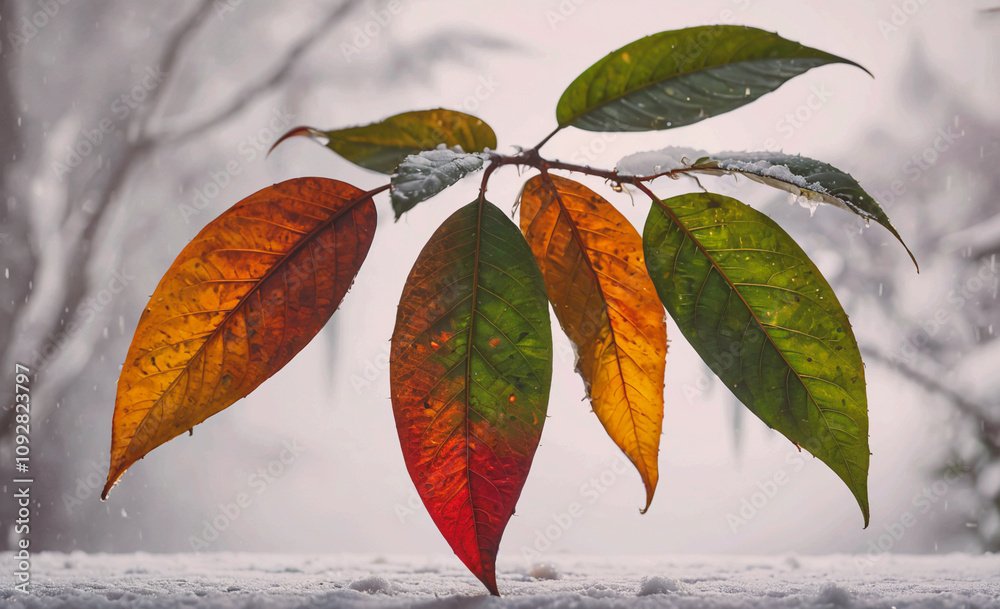 Aufkleber leaf with a green stem and a red stem. the leaf is on a snowy surface