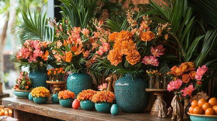 Fototapeta premium Vibrant floral arrangements with colorful blooms and decorative vases