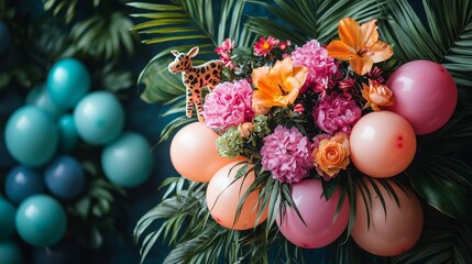 Vibrant floral arrangement with balloons and jungle theme decorations