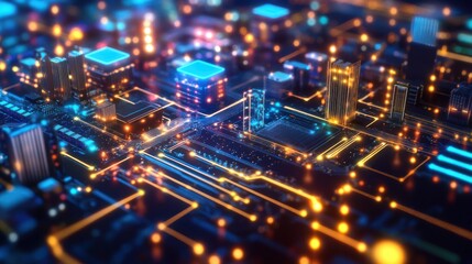 Obraz premium 2025 digital technology concept, glowing circuit boards integrated into a futuristic city, dots of light representing nodes of data, vibrant neon colors