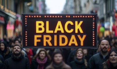 Crowded city street with illuminated Black Friday sign