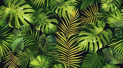 Naklejka premium A seamless pattern of lush, green tropical leaves.