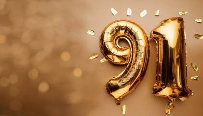  Number 91 golden balloons with copy space 