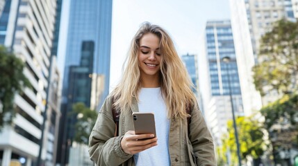 Smiling young woman using smartphone on city street in urban setting. Generative AI