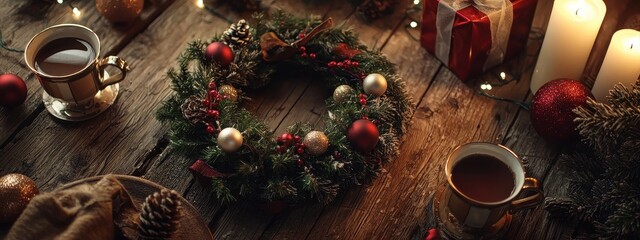 Cups of cocoa on the table Christmas concept. Selective focus