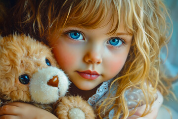 Fototapeta premium A little girl holding a teddy bear in her arms