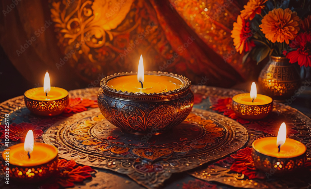 Poster table with a bowl of candles and a vase of flowers. the candles are lit and there are five of them