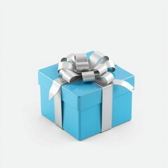 Obraz premium Here is the 3D illustration of a blue gift box with a silver bow and ribbons