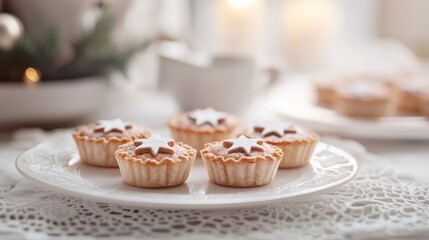 Star-topped mini pies on elegant lace tablecloth for holiday dessert