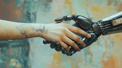 handshake with a robot close-up. Selective focus