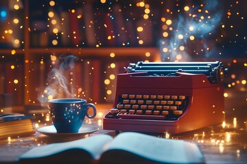 A cozy writing nook with a cute typewriter and a steaming cup of coffee, surrounded by colorful scripts, with copyspace and a warm atmosphere. Soft, inviting light. National Screenwriters Day.