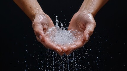 Fototapeta premium Water droplets splashing off a person s hands in slow motion, hands splash, dynamic droplet capture