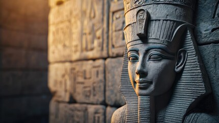 Ancient Egyptian statue with detailed carvings and hieroglyphs, warm light reflection.