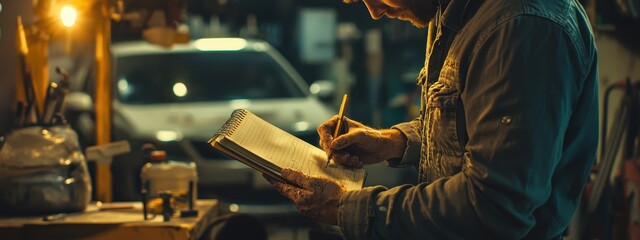 Auto mechanic writing a form on a car background. Selective focus