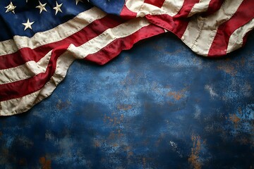 Fototapeta premium Closeup of American flag on dark blue background with copy space for text