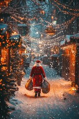 Santa Claus is walking down the street. Selective focus