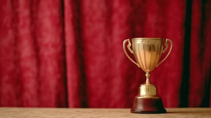 A golden trophy stands on a wooden table against a rich red curtain, symbolizing achievement and celebration.