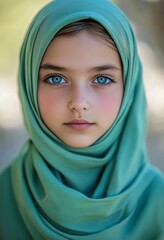 Portrait of an extremely beautiful young woman wearing a green hijab, with amazing big blue eyes. This award-winning photography
