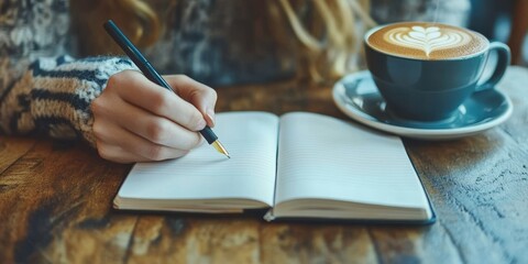 Female hands holding a pen, writing in a notebook at a coffee cafe, capturing the essence of creativity in a cozy atmosphere. The notebook fills with ideas as coffee brews nearby.