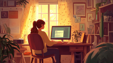 A girl works remotely on the computer at home, book illustration