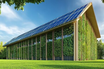 Obraz premium Modern eco-friendly building with solar panels and vertical gardens.