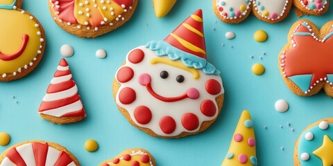 Ginger biscuit design inspired by a circus party theme, featuring vibrant colors and whimsical shapes that capture the joyful essence of a circus party celebration in every bite.