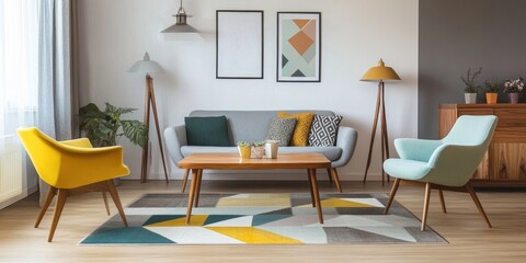 Geometric carpet enhances the cozy living room interior, featuring pastel lamps hanging above a wooden table and a yellow, mint, and grey chair, complemented by a stylish poster on the wall.