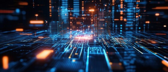 A futuristic digital landscape with glowing lines and structures representing data flow.