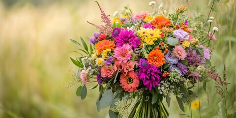 Obraz premium Vibrant summer bouquet displayed in a natural setting, showcasing the beauty of summer flowers in harmony with nature, creating a stunning summer bouquet that captivates the senses.