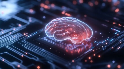 Futuristic Digital Brain Surrounded by Circuit Board Elements, Representing Artificial Intelligence and Neural Networks in a Technological Environment