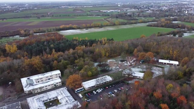 Aerial view of the outskirts of southern Eschborn, Hesse, Germany, in late autumn.