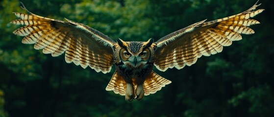 Fototapeta premium An owl elegantly flies through lush green trees, showcasing its impressive wingspan under the soft light of evening. Nature's beauty unfolds in this moment