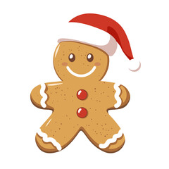 Gingerbread man wearing a Santa hat.