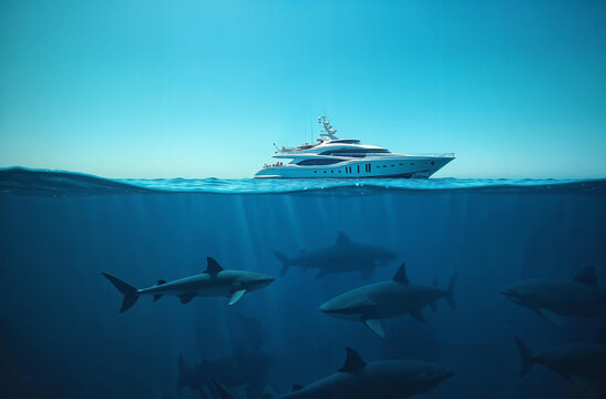 Ship yacht on surface of ocean water, sea shark swim underwater. AI Generative