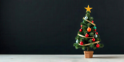 Festive christmas tree with colorful ornaments and golden star on wooden table