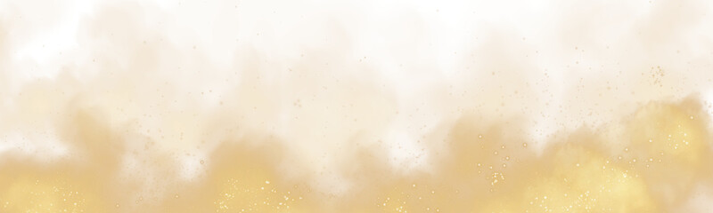 Fantastic golden smoke background. Magic golden smoke with glitter and small particles of twinkling stars. Fog with luminous particles. Yellow vapor with stardust. Morning fog over land or water surfa