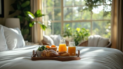 Fresh Breakfast Served in a Cozy Bedroom with Bright Natural Light Streaming Through the Window and Lush Greenery in the Background