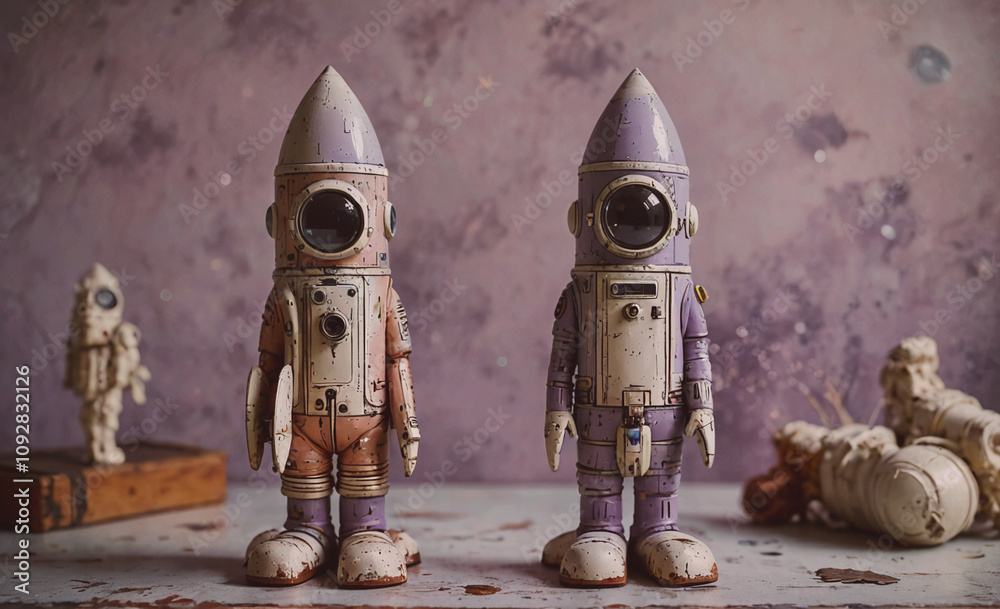 Poster two small robots are standing next to each other. one is purple and the other is pink. they are both