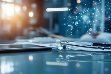 A stethoscope on a desk alongside digital graphics, highlighting the intersection of medicine and technology, representing modern healthcare advancements and innovation.