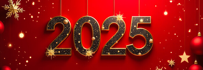 greeting card number text 2025 on red festive christmas and new year background, festive atmosphere