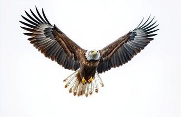 An eagle soaring, against a white background