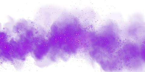 Fantastic purple smoke background. Magic purple smoke with glitter and small particles of twinkling stars. Fog with luminous particles. Purple vapor with stardust. Morning fog over land or water surfa