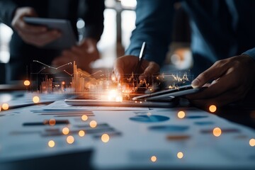 A business team collaborates around a table, analyzing financial data with a futuristic interface overlay, emphasizing teamwork, innovation, and digital transformation.