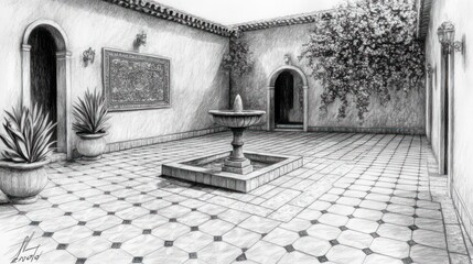 A serene courtyard with a central fountain, surrounded by plants and intricate tile work.