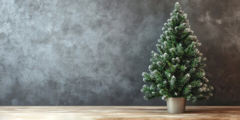 Minimalistic christmas tree in pot against gray concrete wall background