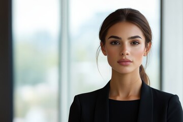 A confident businesswoman in a sleek suit poses against a bright office backdrop, embodying professionalism, empowerment, and the modern corporate environment.